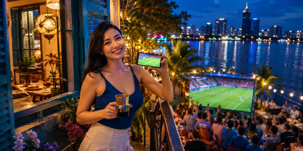 Người hâm mộ bóng đá tại TP.HCM xem trận đấu và dùng điện thoại trong quán cà phê